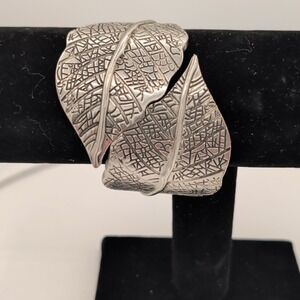 Brutalist Silver Leaf Bypass Bangle Hinged Bracelet Textured Nature Cuff